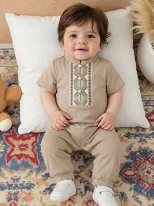 SHEIN Unisex Newborn Baby Boy Vintage Floral Retro Print Short Sleeve Jumpsuit Knit Outfit, Spring/Summer Baby Boy Clothes - Khaki - View 7