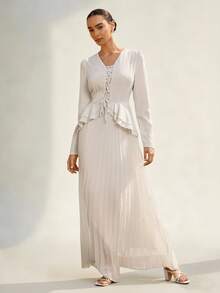 Graceveil Women's Ruffle Tie-Up Pleated V-Neck Dress - Apricot - View 6