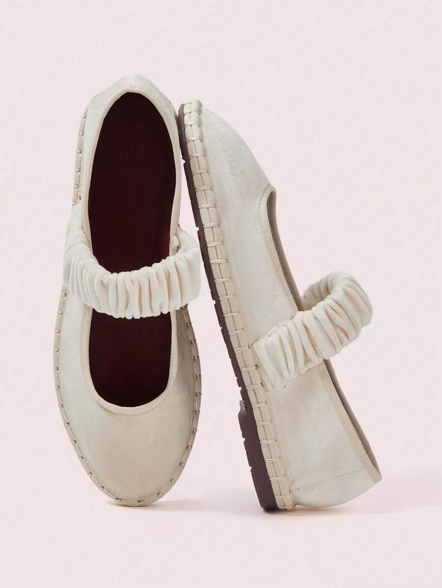 CUCCOO DOLLMOD Giày bệt nữ màu cam sáng, thanh lịch, cổ điển, thoải mái, xếp ly, kiểu Mary Jane bằng nhung. - Hoa lớn - trắng gạo / be 240 - Xem 1