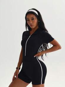 Dewbera Women's Seamless Yoga Short Sleeve Jumpsuit - Black - View 7