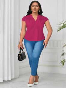 SHEIN Clasi Plus Size Contrast Lace V-Neck Textured Fabric Blouse - Hot Pink - View 5