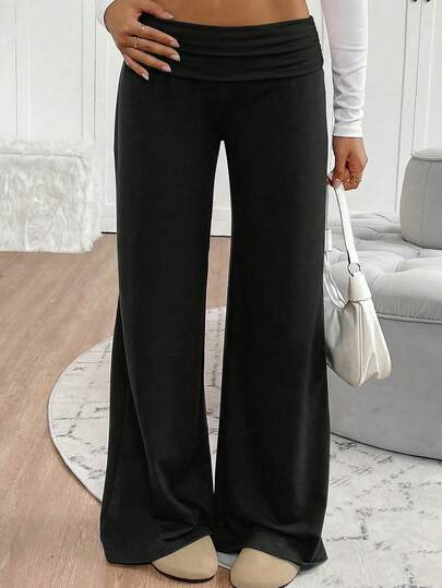 SHEIN Teen Girls Black Knit Wide Waist Ruched Low Waist Loose Flared Leg Pants, Comfortable Casual Minimalist Versatile Trousers
