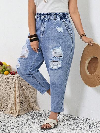 SHEIN CURVE+ 大码女式休闲日常通勤时尚街头纸袋腰破洞紧身牛仔裤