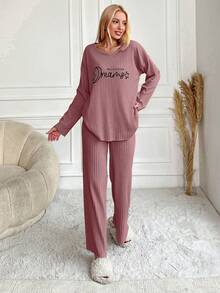 EURMUSE 女士字母图案圆领长袖上衣和阔腿裤休闲家居服套装 - 乾枯玫瑰色 - 查看 5