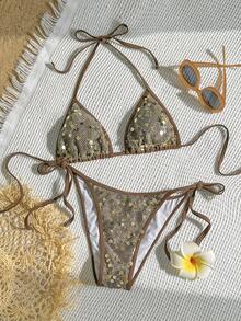 SHEIN Swim Chicsea 女士亮片挂脖系带性感比基尼泳衣套装，夏季海滩 - 彩色 - 查看 4