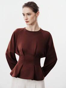 Aalyst Women's Knitted Crew Neck Raglan Long Sleeve Ribbed Patchwork Pleated Fitted A-Line Elegant Sophisticated Sweatshirt, Autumn/Winter - Brown - View 1