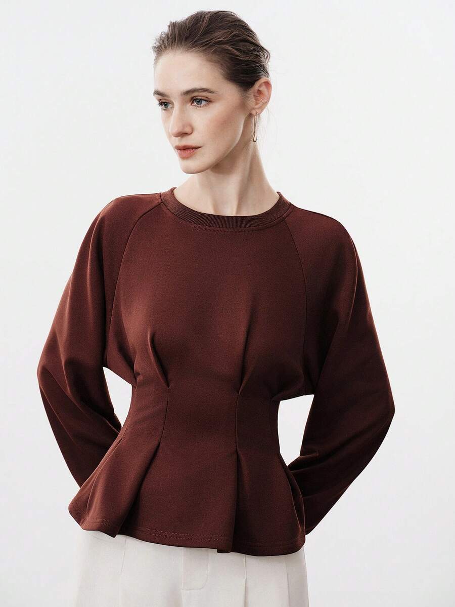 Aalyst Women's Knitted Crew Neck Raglan Long Sleeve Ribbed Patchwork Pleated Fitted A-Line Elegant Sophisticated Sweatshirt, Autumn/Winter - Brown - View 1