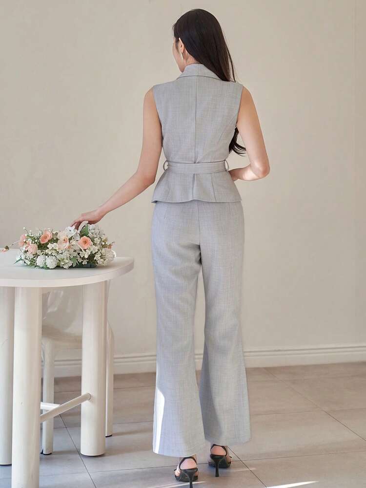 Women's Casual Solid Color Blazer Collar Belted Vest And Flare Pants 2 Pieces Set, Spring/Summer,Wedding Guest Dress Women