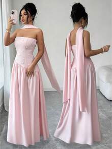 Elenzga Đầm nữ bằng vải dệt, kiểu dáng thanh lịch, lãng mạn, thắt eo xếp ly, đính ngọc trai, vạt bất đối xứng, thích hợp cho ngày Valentine, đám cưới, hẹn hò, ăn tối, mặc ngoài trời, mùa xuân/hè. - Hồng - Xem 1
