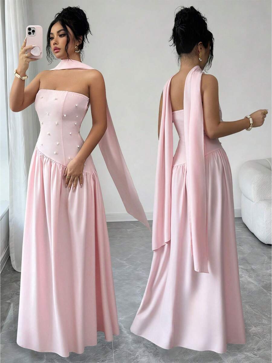 Elenzga Đầm nữ bằng vải dệt, kiểu dáng thanh lịch, lãng mạn, thắt eo xếp ly, đính ngọc trai, vạt bất đối xứng, thích hợp cho ngày Valentine, đám cưới, hẹn hò, ăn tối, mặc ngoài trời, mùa xuân/hè. - Hồng - Xem 1
