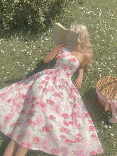 SHEIN MOD 女士碎花扭结设计连衣裙，优雅