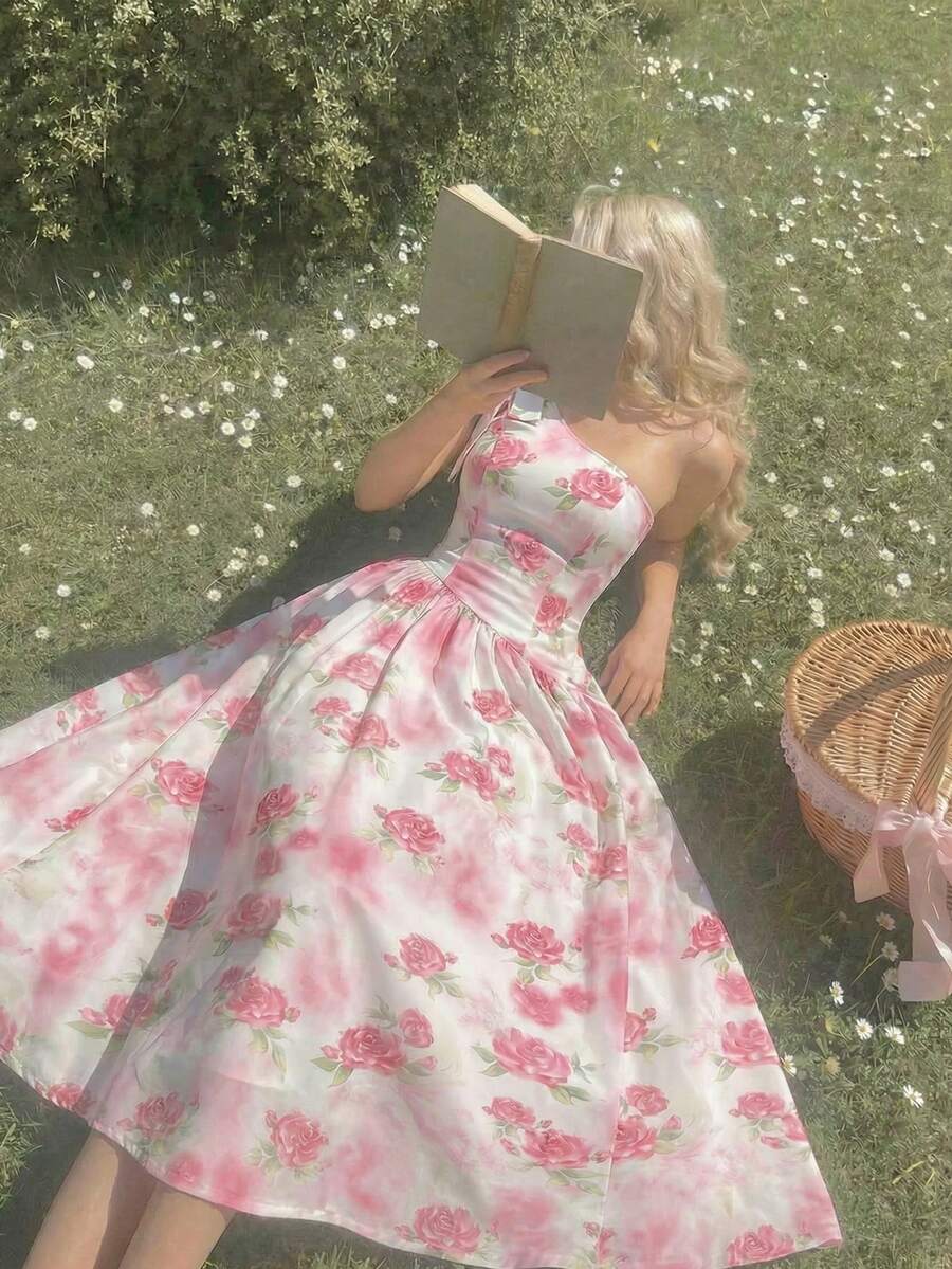 SHEIN MOD 女士碎花扭结设计连衣裙，优雅 - 粉色 - 查看 1