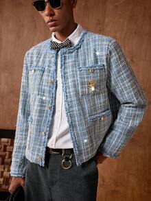 AKNOTIC Business Casual 男士格子印花前扣口袋长袖开衫外套 - 淺藍色 - 查看 6