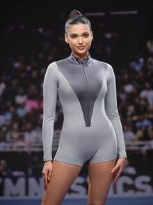 SHEIN Unity Contrast Color Stand Collar Zipper Slim Fit Long Sleeve Jumpsuit - Grey - View 5