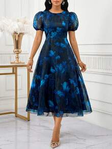 SHEIN Lady 女士极简印花泡泡袖连衣裙 - 彩色 - 查看 4