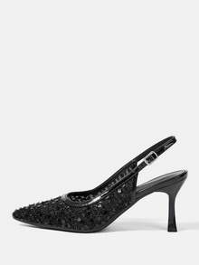 CUCCOO HITCHD Women's Fashionable Elegant Party Sequin Decorated Pointed Toe Pumps Valentine's Day - Black - View 8