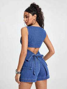 Jeanoix Women's Round Neck Backless Twist Denim Sleeveless Top - Blue - View 8