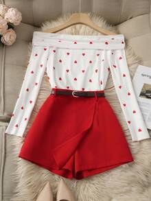 Chiquease Bộ đồ Valentine gồm áo kiểu lệch vai bèo nhún hình trái tim màu đỏ và quần short, chân váy, quần váy, bộ 2 món đa năng, thích hợp cho các buổi hẹn hò hàng ngày và những dịp lãng mạn, mùa xuân/hè. - Đỏ - Xem 5