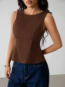 SHEIN PETITE Áo đen thời trang mùa hè dành cho nữ, thiết kế cao cấp - Cà phê nâu - Xem 12