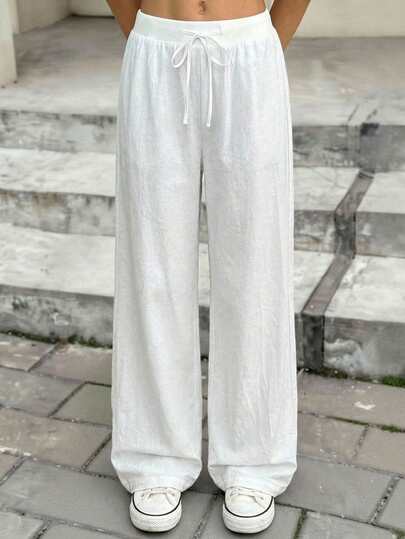 SHEIN 青少年女孩日常服装休闲基本款松紧腰带白色裤子、阔腿裤、返校季