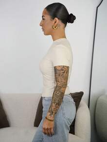 SAYEHFBABY 短袖褶皱T恤，休闲可爱，日常机场度假秋季返校季优雅之选 - 奶油色 - 查看 6