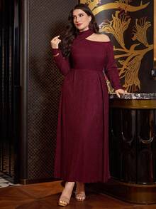 Modelyn Plus Size Women's Burgundy Autumn Elegant Formal Wedding Guest Dress,Asymmetric Collar Knit Textured Long Sleeve A-Line Pleated Modest Maxi Dress - Burgundy - View 7