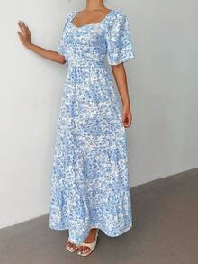 Selianne Summer Short Sleeve Vacation Beach Music Festival Pink Floral Dress - Baby Blue - View 7