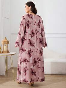 Al Najma Maxikleid in Große Größen für Damen mit Blume Muster, V-Ausschnitt und Langarm im türkischen und arabischen traditionellen Stil - Verschiedenfarbig - Übersicht 2