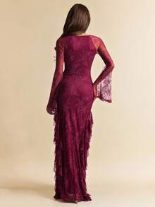 SHEIN BAE 酒红色长袖蕾丝方领褶皱优雅蕾丝连衣裙，适合鸡尾酒会、浪漫约会、聚会、伴娘礼服、情人节、女士夏季连衣裙、下午茶礼服、早午餐礼服、优雅连衣裙、红色蕾丝连衣裙 - 酒紅色 - 查看 2