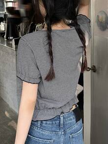 DAZY Women's Casual Round Neck Striped T-Shirt, Suitable For Spring And Summer - Grey - View 7