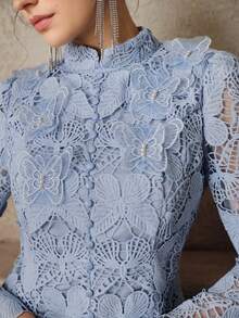 Anewsta 女士优雅高端蕾丝长袖贴花腰部喇叭形长连衣裙，适合情人节晚宴和约会 - 藍色 - 查看 1