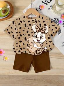 1 Set Baby Girls' Vintage Cute Cartoon Rabbit & Leopard Print, Khaki, Retro Sweet Molly Girl Style, Infant Toddler Casual Knit Crew Neck Short Sleeve Top And Shorts Set, Streetwear And Home Outfit - Multicolor - View 1