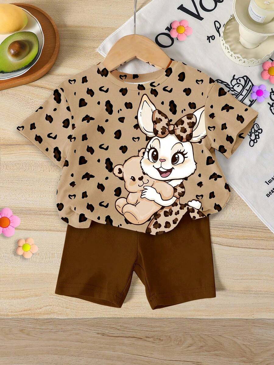 1 Set Baby Girls' Vintage Cute Cartoon Rabbit & Leopard Print, Khaki, Retro Sweet Molly Girl Style, Infant Toddler Casual Knit Crew Neck Short Sleeve Top And Shorts Set, Streetwear And Home Outfit - Multicolor - View 1