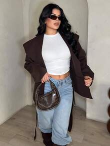 Dayanna Comas Women's Elegant Commuting Warmth And Simplicity Brown Coat Front Tie Long Sleeve Pocket Casual Jacket, Everyday Wear In Fall/Winter - Brown - View 4