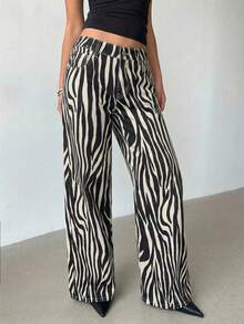 Aloruh 女士口袋斑马纹阔腿宽松休闲牛仔裤 - 白色 - 查看 6