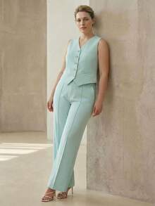 MOTF PREMIUM WOMEN'S SEAM FRONT SLANT POCKET WIDE LEG PANTS - Green - View 3