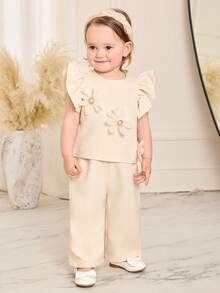 SHEIN 2pcs Baby Girl Summer Vacation Cute 3D Floral Ruffle Trim Top And Pants Set - Apricot - View 5