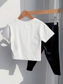 2pcs Baby Girls Casual Versatile Heart & Letter Print Round Neck Short Sleeve Top And Leggings Set, Suitable For Spring, Summer, Autumn - Black and White - View 3