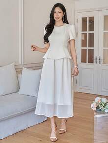 DAZY 女士优雅纯色串珠泡泡袖上衣和半裙两件套，春夏婚礼宾客礼服 - 米色 - 查看 3