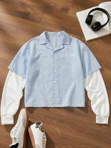 SWAVVY Men's Letter Embroidery Plaid Patchwork 2 In 1 Shirt Light Blue And White Shirt Cropped Graphic Shirt - Blue - View 2