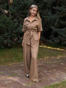 Livesso 2pcs Women Casual Collared Tie-Waist Top And Pants Set - Khaki - View 1