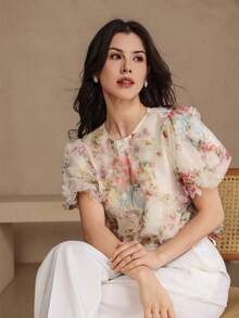 DAZY Women's Elegant Floral Print Round Neck Puff Sleeve Blouse, Spring/Summer - Pink - View 1