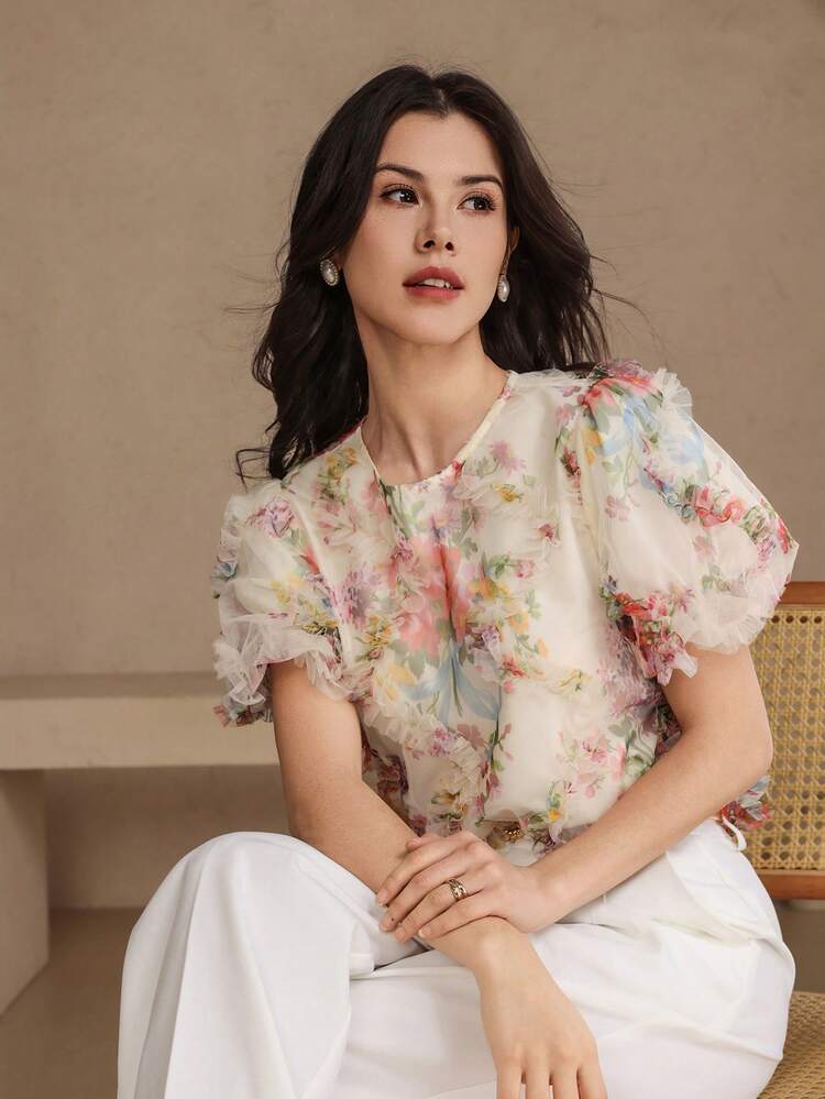 Women's Elegant Floral Print Round Neck Puff Sleeve Blouse, Spring/Summer,Wedding Guest Dress Women Boho