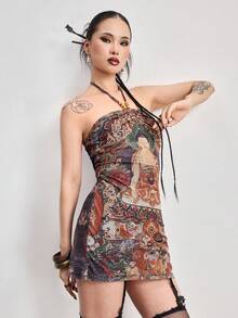 ROMWE Avant 中国风佛像印花串珠项链设计迷你连衣裙女装 - 彩色 - 查看 6