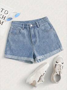 GlowEve Quần short denim kẻ sọc kiểu dáng thường ngày dành cho nữ, mùa hè. - Màu xanh lam - Xem 1