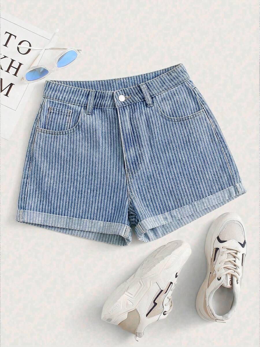 GlowEve Quần short denim kẻ sọc kiểu dáng thường ngày dành cho nữ, mùa hè. - Màu xanh lam - Xem 1