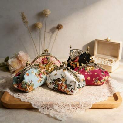 Cirelle 复古吻锁手拿包 – 玫瑰印花帆布钱包，迷你口红钥匙收纳包，轻便零钱包，适合派对、日常使用和短途旅行