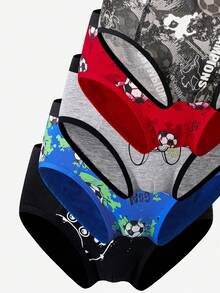 5条装青少年男孩复古图案游戏手柄、足球、彩色印花柔软棉混纺透气三角裤 - 彩色 - 查看 7