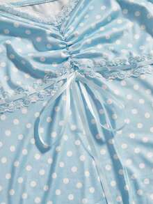 ROMWE Kawaii 女士夏季套装，2件套，V领蝴蝶结装饰撞色波点蕾丝拼接修身上衣和裙子 - 藍色 - 查看 3