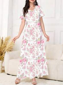 Al Najma 女士优雅V领短袖印花针织连衣裙，适合外穿或叠穿，是约会、度假、日常休闲、派对、节日、春夏的理想之选。 - 粉色 - 查看 4